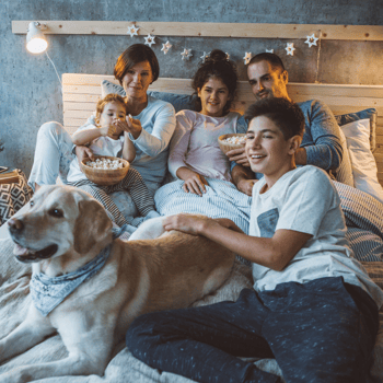 A family cuddled in bed watching a movie with their dog.