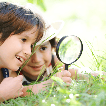 Two boys looking through a magnifying glass at grass.