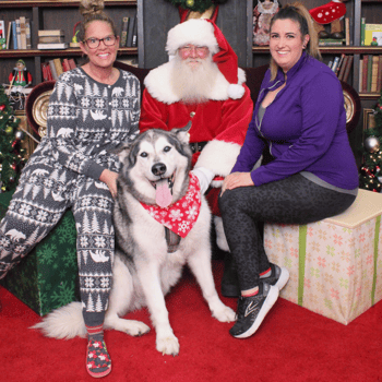 Husky smiling with his family and Santa