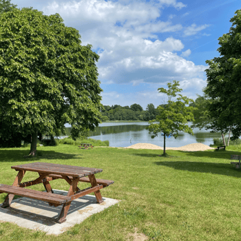 A picnic table by a lake.