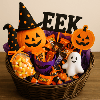 Halloween gift basket with candy.