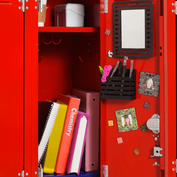 A school locker with books and decorations