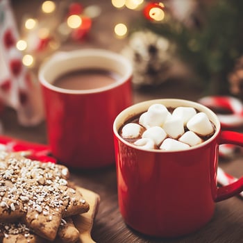 Hot chocolate with marshmallows and a Christmas cookie.