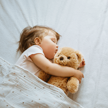 Toddler napping with a stuffed animal.