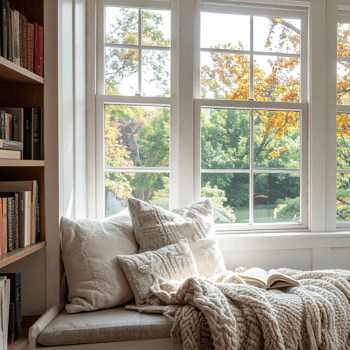 A cozy reading corner with pillows and blankets next to a book case.