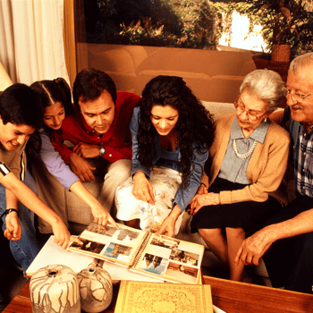 A family looking at a photo album.