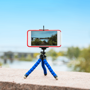 An iPhone on a tripod.
