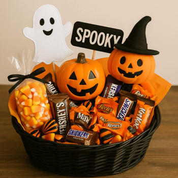 Halloween gift basket with candy and candy corn.