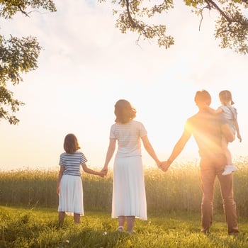 A family holding hands in a field.