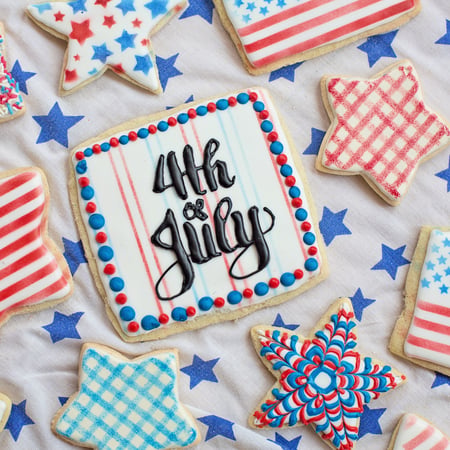 Decorated sugar cookies with one that says 4th of July