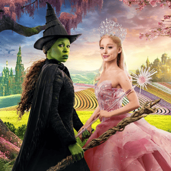 Glinda and Elphaba from the movie Wicked.
