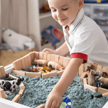Little boy playing a sensory box with sand and farm animals.