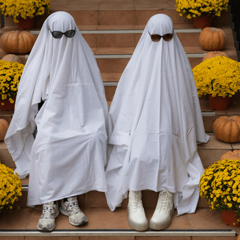 Two kids in sheet ghost costumes.
