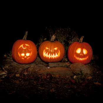 Jack o' lanterns on the ground.