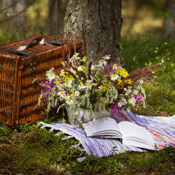 A pot of flowers on a blanket next to a picnic basket with an open book.