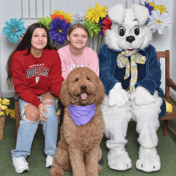 A dog in a purple bandana with their owners and the Easter bunny.