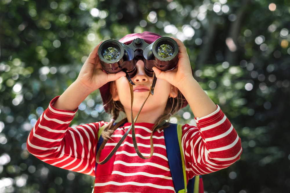 Child bird watching with binoculars