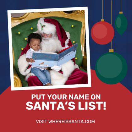 Graphic of Santa with a little boy and text to book Santa photos.