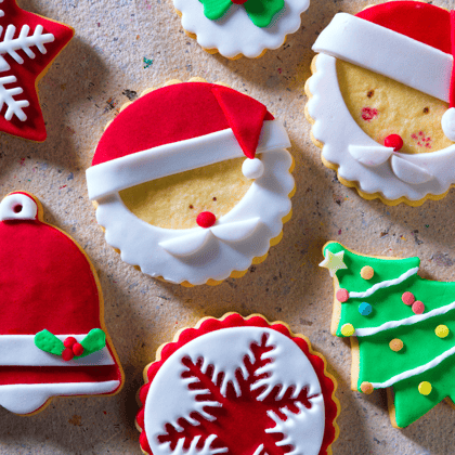 Christmas Cookies shaped like Santa and Christmas Trees