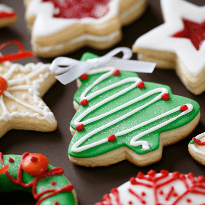 Christmas cookies decorated in pretty icing.