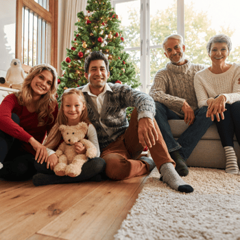 Family photo by the tree with grandparents.