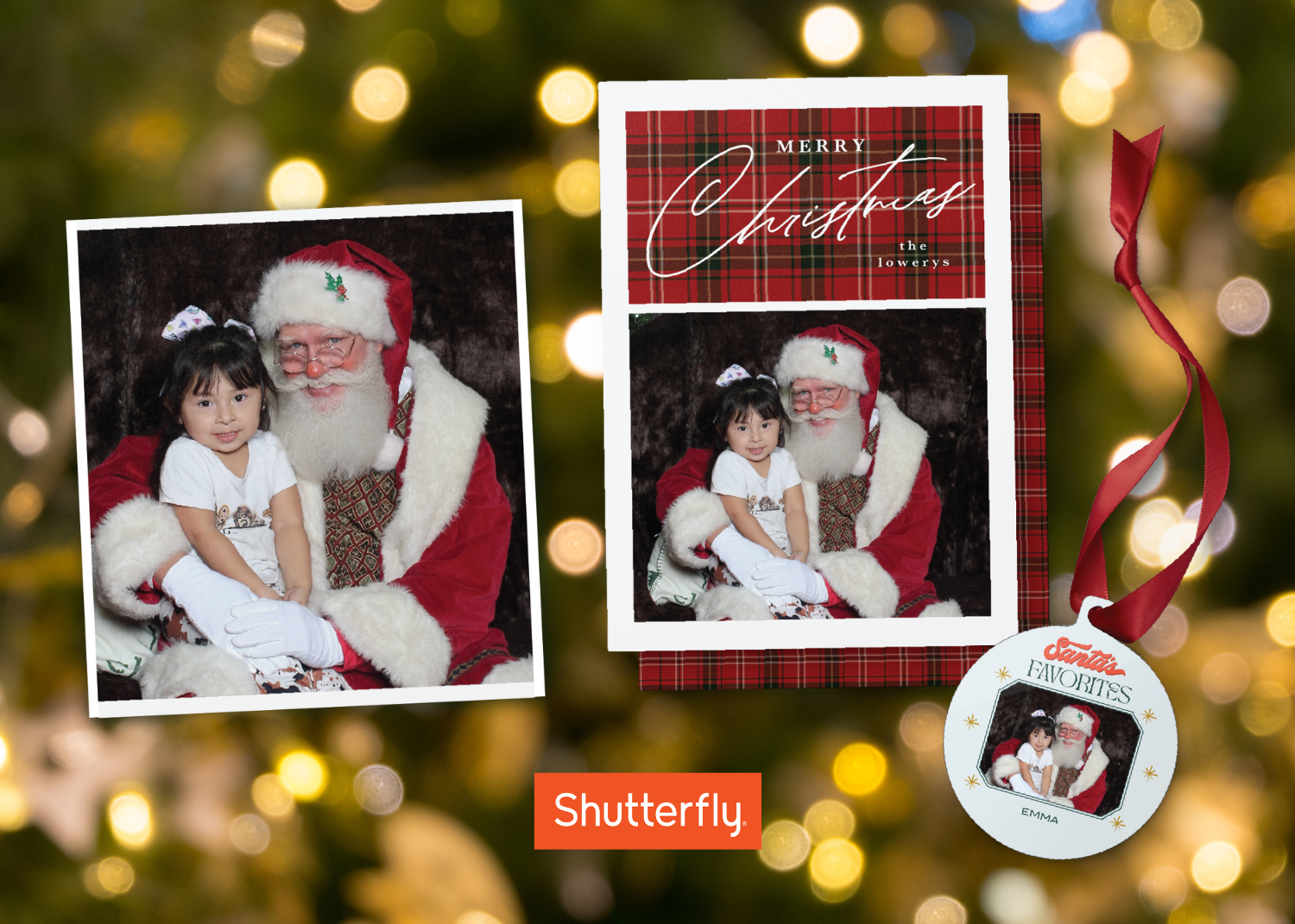 Examples of holiday gifts from Shutterfly, including prints, cards and an ornament