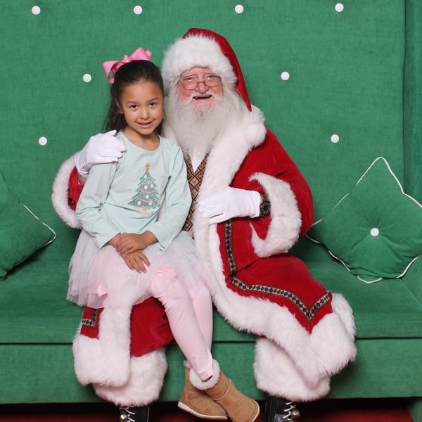 Little girl wearing a dress and sitting with Santa at the mall