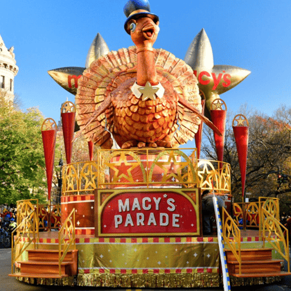 Macys Parade float shaped like a turkey.