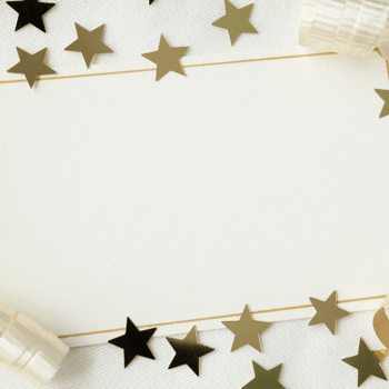 Blank party invitation surrounded by gold stars.