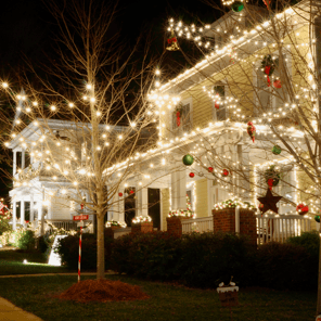 White Christmas lights on a house.