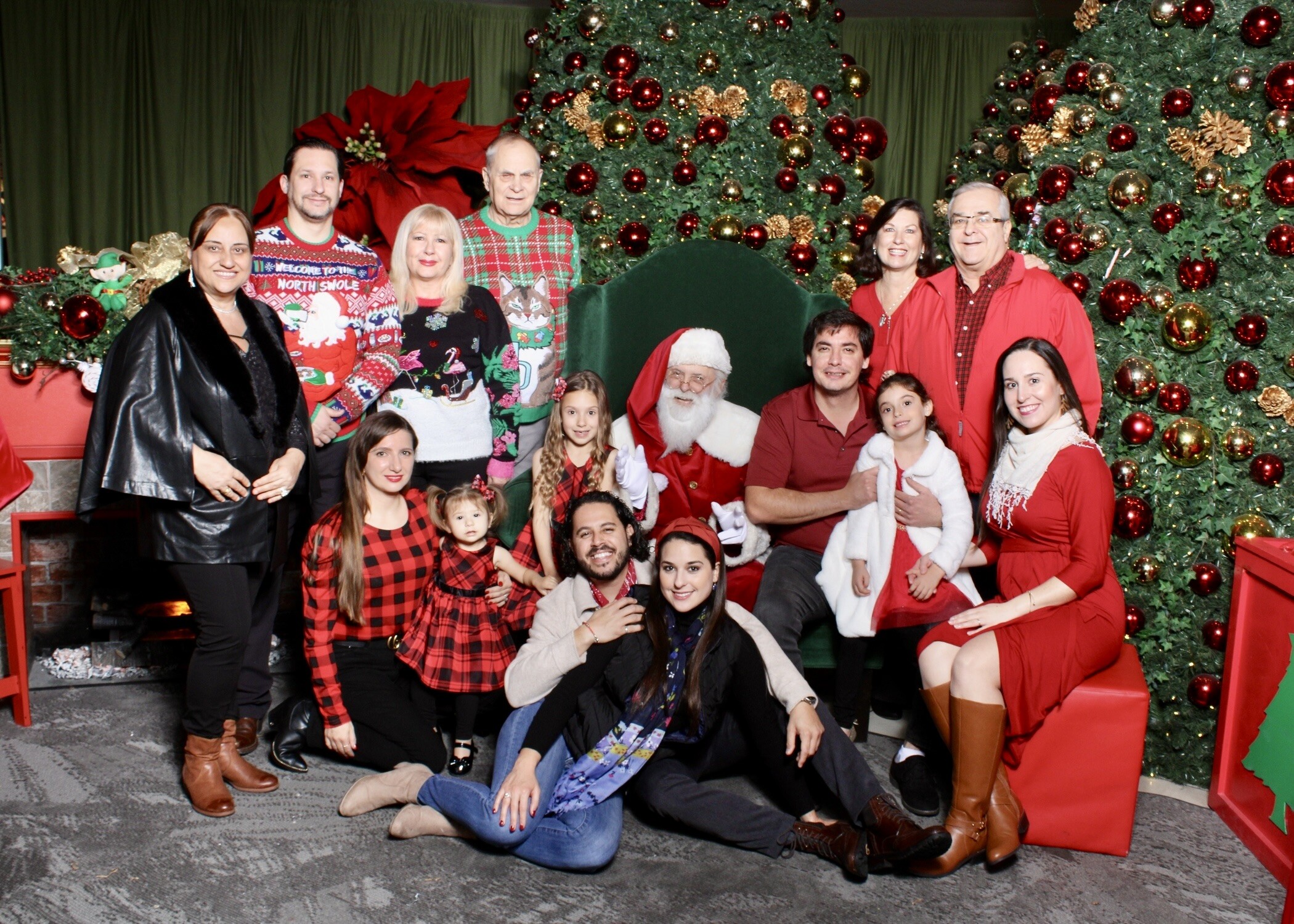 Multigenerational family photo of 14 people with Santa