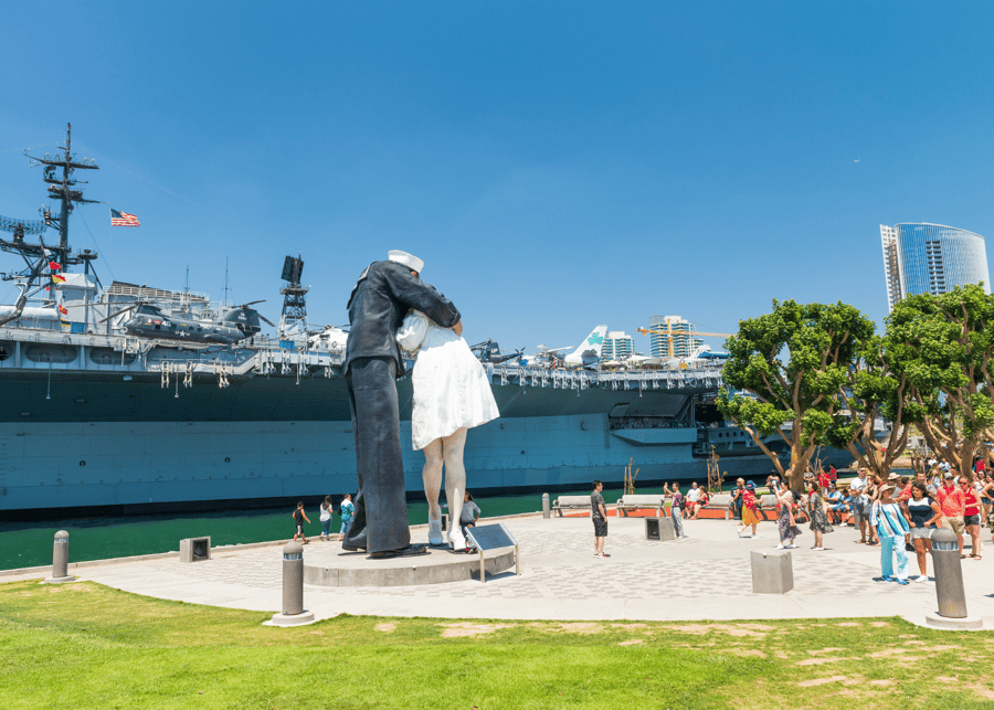 USS Midway memorial statue on a sunny day